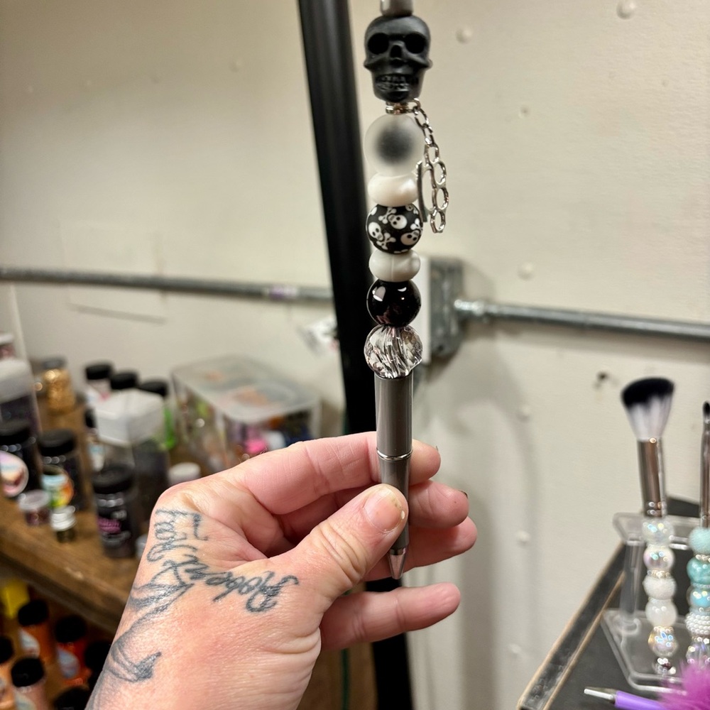 Skull Beaded Pen with Black and Silver Accents with a Brass Knuckle attachment